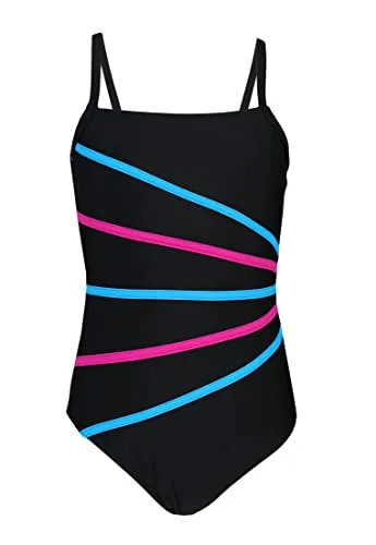Aquarti Mädchen Badeanzug mit Spaghettiträgern Streifen – Sport Badeanzug Mädchen, Chlorresistent, Farbe: Schwarz/Streifen Amarant Türkis, Größe: 164