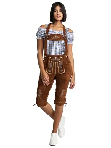Steigenhöfer Damen Lederhose Clara - Tracht Shorts Kniebund aus 100% Rindsleder - Mittelbraun - Größe 40 - Die Damen Lederhose Clara vereint traditionelles Design mit modernem Komfort. Aus robustem Rindsleder gefertigt, bietet sie eine perfekte Passform dank verstellbarer Träger und praktischen Taschen. Ideal für Feste und besondere Anlässe.