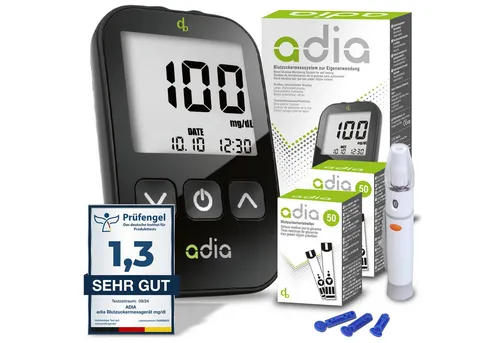 adia mg dl Starterset inkl. 110 Blutzuckerteststreifen - Blutzuckermessgerät für präzise Messungen, ideal für Diabetiker und einfach in der Anwendung