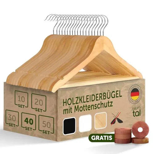 Blumtal Kleiderbügel Holz 40er Set – Edle Holzbügel mit drehbarem Haken - Praktisches 40er Set aus 100% Echtholz mit Anti-Rutsch-Beschichtung. Inklusive Zedernholz-Ringen für optimalen Mottenschutz. Verfügbar in 8 eleganten Farben – für stilvolle Ordnung in Deinem Kleiderschrank!