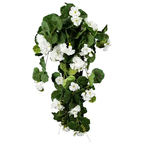 Seidenblumen Roß Geranienhänger 70cm weiß ZF, Kunstpflanzen künstliche Geranie Kunstblumen Hängegeranie, Balkon Home Decoration Deko, Balkonkasten hängende Pflanze Fake Geranien wie echt