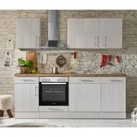 Respekta Küchenblock Premium 220 cm in Weiß mit Geräten - Moderner Küchenblock im Landhaus-Look, 220 cm breit, mit integrierter Ausstattung wie Herdset, Dunstabzugshaube und Geschirrspüler. Praktische Soft-Close-Funktion und großzügige Arbeitsfläche für Ihre Kochkünste.