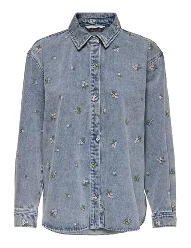 Jeansbluse "ONLVERA L/S FLOWER EMB SHIRT DNM YOR" - Light Blue Denim - Stylische Denim-Bluse in Größe XS (34) mit floralem Stickerei-Detail. Ideal für trendbewusste Frauen, bietet hohen Tragekomfort durch hautfreundliche Baumwolle.