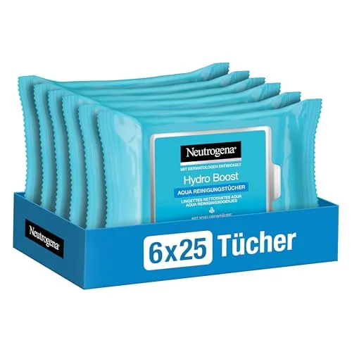 Neutrogena Hydro Boost Aqua Reinigungstücher 6er Pack - Make-up-Entferner mit Hyaluronsäure für intensive Feuchtigkeit, ideal für normale, empfindliche und trockene Haut.