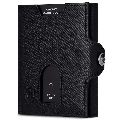 VON HEESEN Slim Wallet mit XL Münzfach & RFID Schutz - Leder Geldbörse Herren klein - Mini Geldbeutel Damen Portmonee - Kartenetui Echtleder Karten Portemonnaie - Kreditkartenetui Schwarz Saffiano