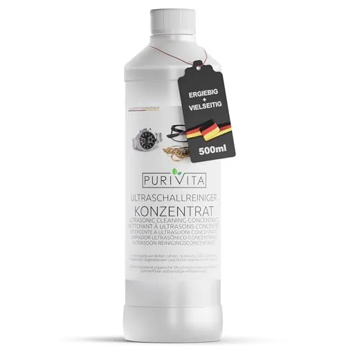 PURIVITA® Ultraschallreiniger Konzentrat [500ML] - Reinigungsmittel für Ultraschallgeräte - Reinigungsflüssigkeit für Ultraschallreiniger - Ultraschall Reinigung für Brillen, Schmuck, Zahn & Münzen