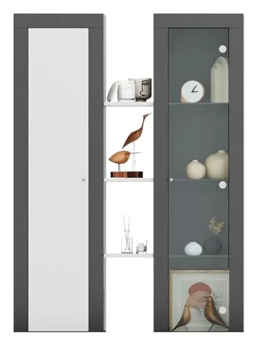 xonox.home Stauraumvitrine Orion 102 cm in Weiß/Anthrazit - Stylische Aufsatzvitrine mit großzügigem Stauraum, ideal für die Präsentation Ihrer Lieblingsstücke. Maße: 102 x 141 x 27 cm, hochwertiges Design in Weiß und Anthrazit.