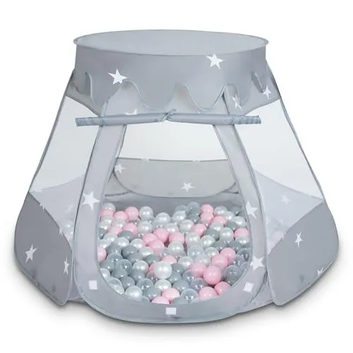 Selonis Baby Spielzelt Mit Plastikbällen Zelt 105X90cm/300 Bälle Plastikkugel Kinder, Grau:Perle-Grau-Transparent-Puderrosa