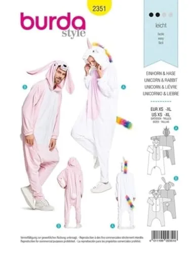 burda Schnittmuster Fasching Damen Herren Einhorn, Hase #2351 Gr.XS-XL
