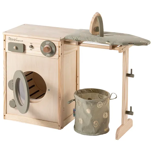 howa Kinderwaschmaschine aus Holz mit Zubehör - Wäschekörbe und mehr: Die Holzwaschmaschine mit drehbarer Trommel, Wäscheleine, Bügelbrett und Bügeleisen fördert spielerisch die Kreativität und das Rollenspiel von Kindern.