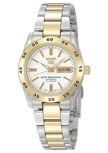 Seiko 5 Damen-Uhr Edelstahl SYMG42K1 - stilvolle Armbanduhr mit Goldauflage, bis zu 50 Meter wasserdicht und umweltfreundlicher LumiBrite-Leuchtbeschichtung