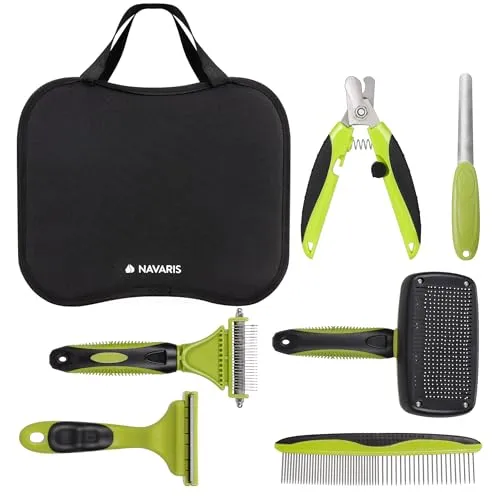 Navaris Premium Haustier-Pflegeset 6-teilig - Fellpflege mit Katzen Bürste und Hunde Bürste - Krallenschleifer für Hunde - Krallenschere Katzen