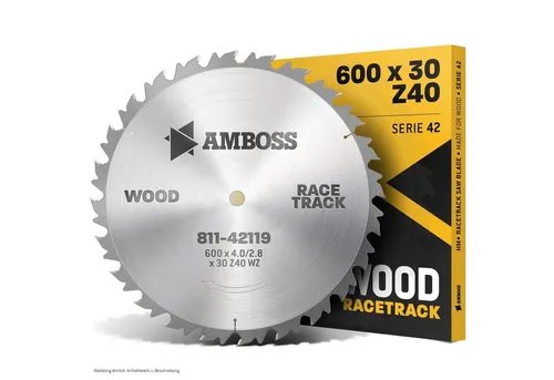 Amboss HM Kreissägeblatt 600 mm - Schnelle Zuschnitte für Holz - Kreissägeblatt Ø 600 mm mit 40 Zähnen für grobe und schnelle Schnitte in Weich- und Hartholz. Ideal für Brennholz und Holzwerkstoffe, passend für Tisch- und Formatkreissägen.