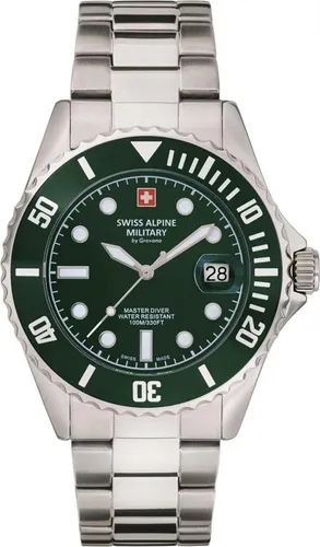 Swiss Alpine Military 7053.1134SAM Herrenuhr - Sportlich und Elegant - Herrenuhren mit robustem Edelstahlgehäuse, grünem Zifferblatt, Leuchtzeigern und 10 ATM wasserdicht. Ideal für Büro, Freizeit und Outdoor-Aktivitäten.