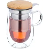 Relaxdays Teeglas Borosilikatglas Transparent mit Sieb und Bambusdeckel 430 ml
