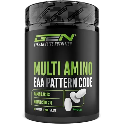 Multi Amino-EAA Pattern Code - 500 hochdosierte Tabletten - Verzweigtkettige Aminosäuren (BCAA) - Enthält alle 8 essentiellen Aminosäuren, vegan und ideal für unterwegs. Hergestellt aus Hülsenfrüchten, ohne unerwünschte Zusätze.