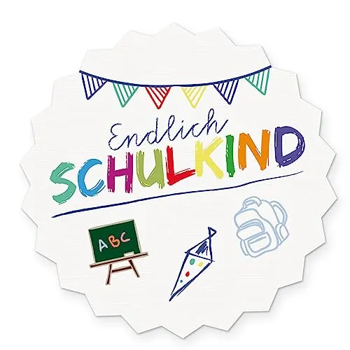 itenga 10x Sticker Einschulung Schulanfang Aufkleber Endlich Schulkind Tafel rund Gastgeschenk Geschenkverpackung (weiß)