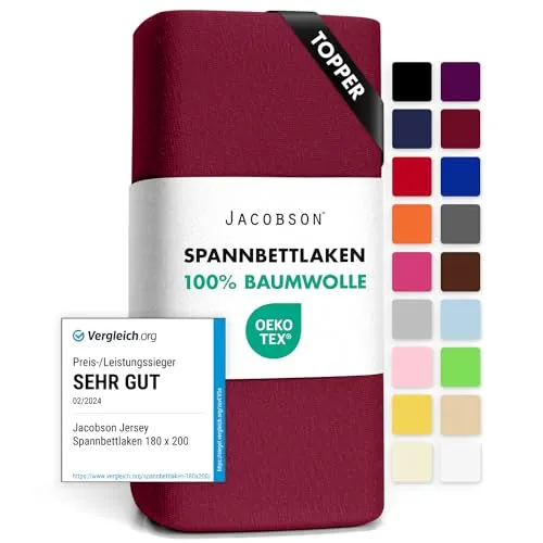 Jacobson Jersey Spannbettlaken Spannbetttuch Baumwolle Bettlaken (Topper 140-160x200 cm, Bordeaux)