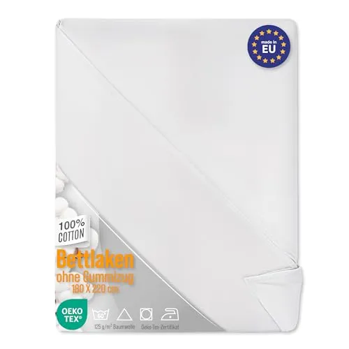 Bettlaken ohne Gummizug Baumwolle 200x220 cm – Hochwertiges Betttuch für Komfort - Hochwertiges Bettlaken aus 100 % Baumwolle (125 g/m²) ohne Gummizug. Ideal für Matratzen, Sofas oder als Tischdecke. Pflegeleicht bis 90 °C, Oeko-Tex zertifiziert und perfekt für ein angenehmes Schlafklima.