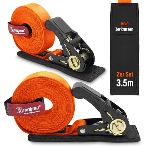 MAGMA | 2-Pack 3.5M Spanngurte Mit Ratsche und Kratzschutz | Zurrgurte mit Ratsche | Spanngurt Set | Ratschengurte | Binden Sie Kajak, Surfbrett, Kanu, Fahrrad, Motorrad | Last: 1600kgf/Unit. Schwarz