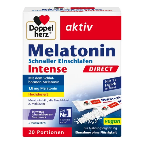 DOPPELHERZ Melatonin DIRECT 20 St für schnellen Schlaf - Praktische Micro-Pellets mit leckerem schwarzen Johannisbeeren-Geschmack, ideal für eine entspannte Schlafenszeit. Einfach vor dem Schlafengehen einnehmen.