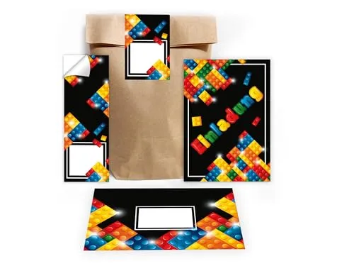 Limonia 12 Einladungskarten zum Kindergeburtstag Einladung Geburtstag Jungen Mädchen Unisex Bausteine Bauklötze bunt schwarz incl. 12 Umschläge, 12 Tüten, 12 Aufkleber