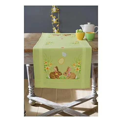 VERVACO Stickpackung Kreuzstich Set Vorgedruckt Tischläufer Kaninchen Stickdecken Vorgezeichnet DIY Basteln Kreativ Stickläufer zum Selbersticken 40 x 100 cm Stickset
