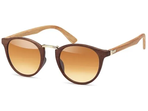 styleBREAKER Sonnenbrille in Holz Optik und runden Gläsern, Kunststoff-Metall-Gestell, Unisex 09020083, Gestell Braun-gold / Glas Braun Verlauf,