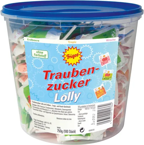Frigeo Traubenzucker Lolly 100 Stück 750g - Leckere Traubenzucker-Lollies in praktischer Dose, ideal für einen süßen Snack zwischendurch. Perfekt für alle Gelegenheiten und aus Deutschland.