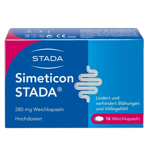 Simeticon Stada 280 mg Weichkapseln - Arzneimittel zur Linderung von Magen-Darm-Beschwerden wie Blähungen und Völlegefühl. Wirkt schnell und effektiv durch Verringerung der Oberflächenspannung von Gasblasen.