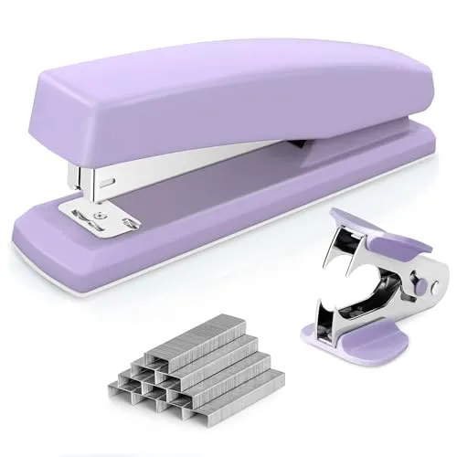 Deli Heftgerät, Desktop-Heftgerät,Büroheftgerät, Kapazität von 25 Blatt, inklusive 1000 Heftklammern und Heftklammernentferner, Violett