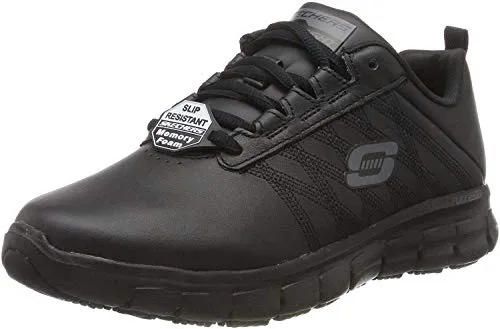 Skechers Damen Sure Track Erath Slip On Sneaker - Bequeme schwarze Leder-Sneaker - Damen-Sneaker mit rutschfester, ölbeständiger Gummi-Außensohle und Memory Foam Einlegesohle für höchsten Komfort und eine entspannte Passform.