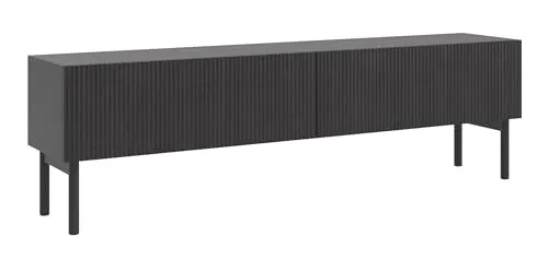 Selsey TV-Lowboard Nolie, Schwarz, Minimalistisches Design - TV-Halterungen im Japandi-Stil, kombiniert skandinavische Wärme mit minimalistischem Design. Push-to-Open-System für einfachen Zugriff auf Geräte hinter zwei Klapptüren.