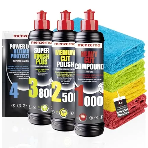 Menzerna Auto Polituren Set 1000, 2500, 3800 + Power Lock + Mikrofasertücher - Dieses Set bietet alles für die professionelle Fahrzeugpflege: Hochwirksame Polituren für Kratzerentfernung und Glanz, sowie ein Schutzmittel für den optimalen Oberflächenschutz. Inklusive Mikrofasertücher für beste Ergebnisse.
