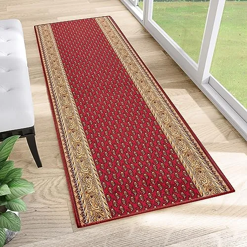 TAPISO Anti-Rutsch Teppichläufer Oriental Rot-Gelb 80 x 140 cm - Rutschfester Teppichläufer für Flur, Küche und Wohnzimmer. Er bietet Wärmeisolierung und schützt den Boden. Pflegeleicht und ideal für Fußbodenheizungen, sorgt er für eine angenehme Akustik und ein flauschiges Gefühl unter den Füßen.