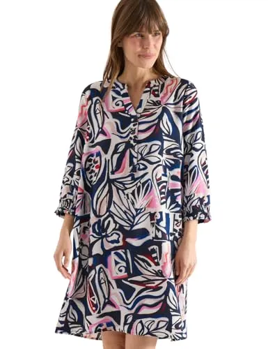 Cecil Damen Knielanges Kleid mit grafischem Muster - Stilvolles Tunikakleid mit dekorativer Knopfleiste und 3/4-Ärmeln. Der maritim inspirierte Grafikprint und der angenehme Viskosemix machen es zum perfekten Begleiter für warme Tage.