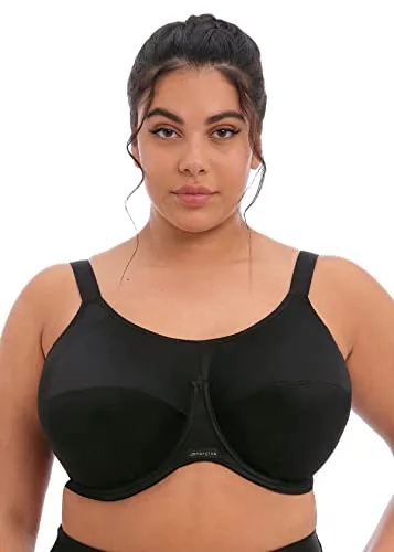 Elomi Damen Energise J-Hook Bügel-Sport-BH (8041) - Schwarz, 40FF - Funktionsunterwäsche mit 4-teiligem Körbchen-Design für optimale Unterstützung und hohen Ausschnitt, ideal für intensive Aktivitäten und einen aktiven Lebensstil.