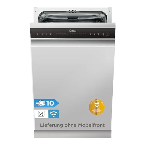 Midea MDWES1034CS-W Geschirrspüler 45 cm, 10 Maßgedecke, Teilintegriert mit HygieneCare+ - Platzsparender Geschirrspüler für 10 Maßgedecke: Ideal für kleine Küchen. Mit 8 Programmen und einfacher Steuerung. AquaStop-Technologie sorgt für Sicherheit, während Home Connect die Steuerung per Smartphone ermöglicht.
