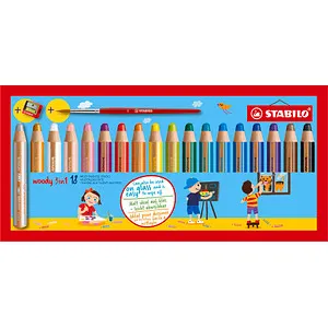STABILO woody 3 in 1 - 18er Pack Buntstifte, Wasserfarben und Wachsmalkreiden mit Spitzer und Pinsel, ideal für kreative Projekte auf verschiedenen Oberflächen