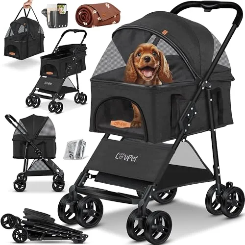 LOVPET® Hundewagen 2in1 - Faltbarer Hundebuggy mit Transportbox - Hundewagen für Haustiere bis 20kg, inklusive Regenschutz und Kuscheldecke für maximalen Komfort und Sicherheit bei Ausflügen.