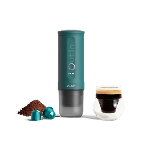 OutIn Nano Tragbare Espressomaschine mit Akku – Ideale Kaffeemaschine für Unterwegs - Die OutIn Nano Espressomaschine ist leicht und tragbar, perfekt für Camping oder Reisen. Mit schneller Selbsterhitzung und 2-in-1-Funktion für gemahlenen Kaffee und Kapseln. Genießen Sie perfekten Espresso überall!