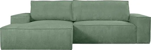 Vente-Unique Ecksofa Amelia, Grün, 4-Sitzer, 267x167 cm – Stilvolles Wohnzimmermöbel - Das Ecksofa Amelia verbindet Komfort und Funktionalität. Mit weichem Cordbezug und ausziehbarer Schlaffunktion ist es ideal für entspannte Abende oder unerwartete Gäste. Der integrierte Stauraum sorgt für Ordnung im Wohnbereich.