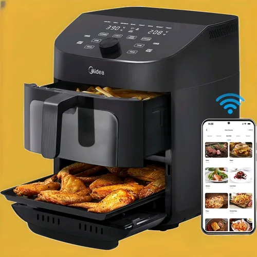 Midea HEIßLUFTFRITTEUSE Airfryer Mad1100Dadk - 6,4 + 4,4 L, Heißlufttechnologie mit Sichtfenster und Überhitzungsschutz für fettfreies Frittieren