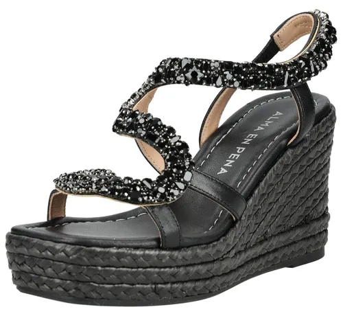 Alma en Pena Keilsandalette aus Leder/Textil schwarz 36 EU - Elegante Keilsandalette in Größe 36 mit 10 cm Absatzhöhe. Ideal für stilvolle Auftritte, aus hochwertigen Materialien gefertigt und bequem für den täglichen Einsatz.