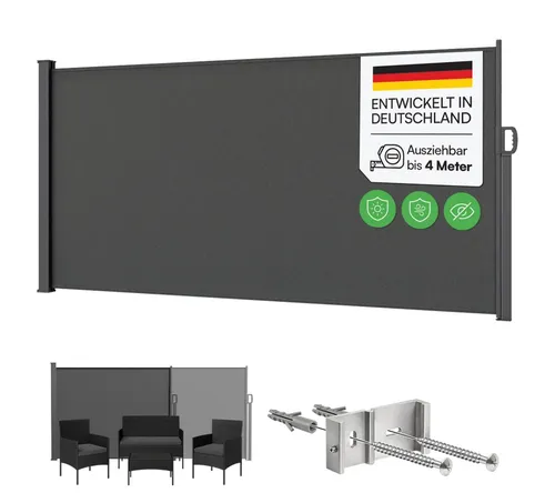 STEELSØN Seitenmarkise Zirella – Individuell einstellbar (Anthrazit, 160x400 cm) - Praktische Seitenmarkise für Garten und Terrasse, windbeständig bis Stärke 5. Mit Griff für einfache Handhabung und solider Wandhalterung. Perfekt für mehr Privatsphäre im Außenbereich.