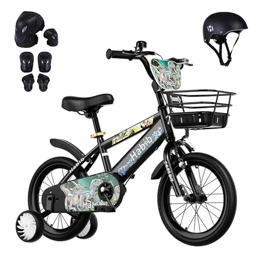 Habib Bicycle Dino Jungenfahrrad 12" - 16" mit Schutzpads & Pumpe - Dino-Fahrrad für Jungen: Komplettset mit stabiler Konstruktion, höhenverstellbarem Sattel und 6-teiligem Schutz-Set. Bereit für aufregende Abenteuer auf zwei Rädern!