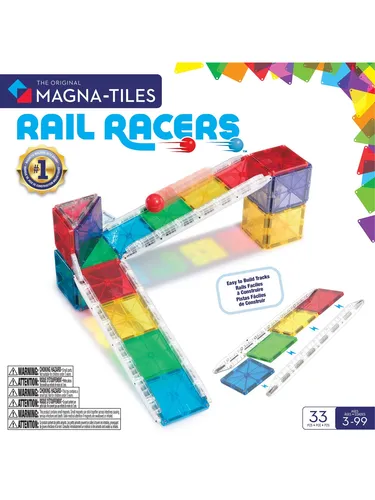 MAGNA-TILES® Rail Racers 33-teiliges Magnetbauset - Bauspielzeugset mit 33 magnetischen Teilen, darunter 6 patentierte Schienen - fördert kreatives Spielen und die Entwicklung von Hand-Augen-Koordination bei Kindern ab 3 Jahren.