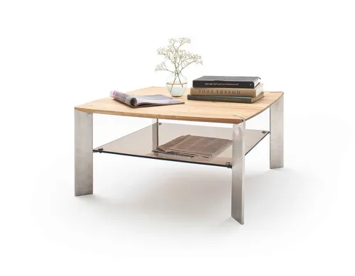 MCA furniture Couchtisch Neli, Eiche-massiv Glas quadratisch 80 cm - Stilvoller Couchtisch aus massiver Eiche mit Sicherheitsglas, ideal für einen modernen Industrie-Look. Jedes Stück ist ein einzigartiges Unikat und bietet eine standsichere Bauweise.