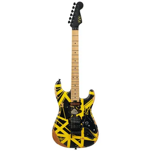 EVH Limited Edition Striped Frankenstein MN Aged Black and Yellow E-Gitarre - Limitierte E-Gitarre im Relic-Finish, inspiriert von Eddie van Halens berühmter Frankenstrat. Mit hochwertigem Lindekorpus und erstklassigem EVH Wolfgang Humbucker für kraftvolle Rock-Sounds. Ideal für kreative Musiker!