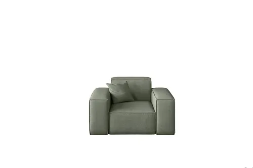 Designersessel CELES in Stoff Scala Olivgrün - Moderner Sessel für das Wohnzimmer, aus hochwertigem 100% Polyester, mit stilvollem olivgrünen Bezug und komfortabler Sitztiefe von 60 cm.